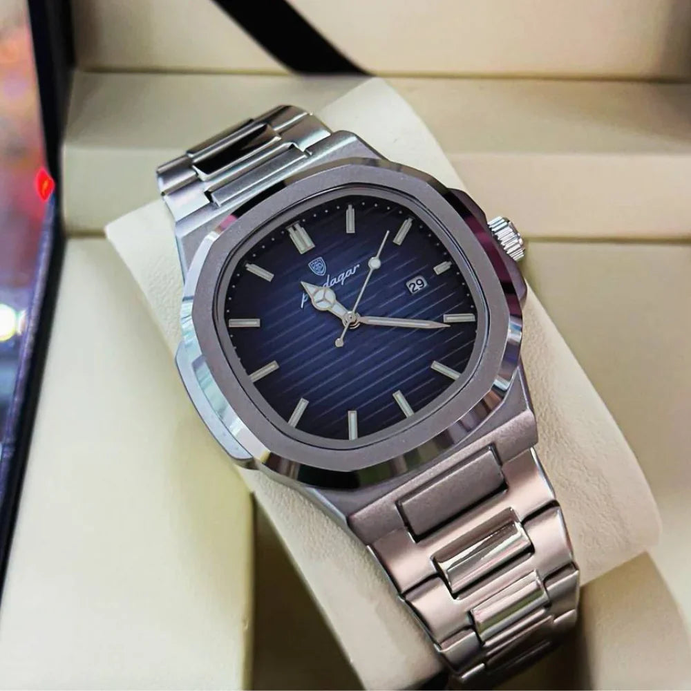 Poedagar Luxury Silver Watch - FREE Smart Wallet + Box + Size Adjuster