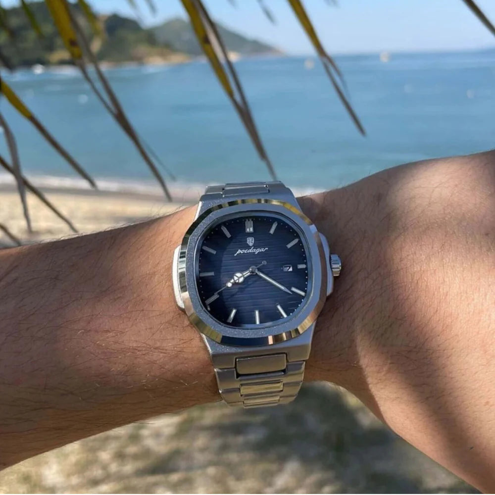 Poedagar Luxury Silver Watch - FREE Smart Wallet + Box + Size Adjuster