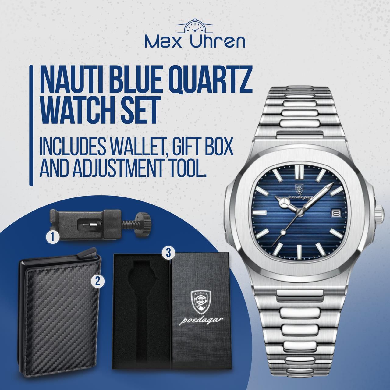 Poedagar Luxury Silver Watch - FREE Smart Wallet + Box + Size Adjuster